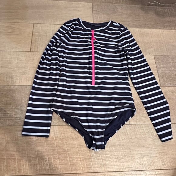 GAP KIDS GIRLS XXL 14 ONE PIECE SWIM SUIT BLUE STRIPE LONG SLEEVE - Picture 1 of 4